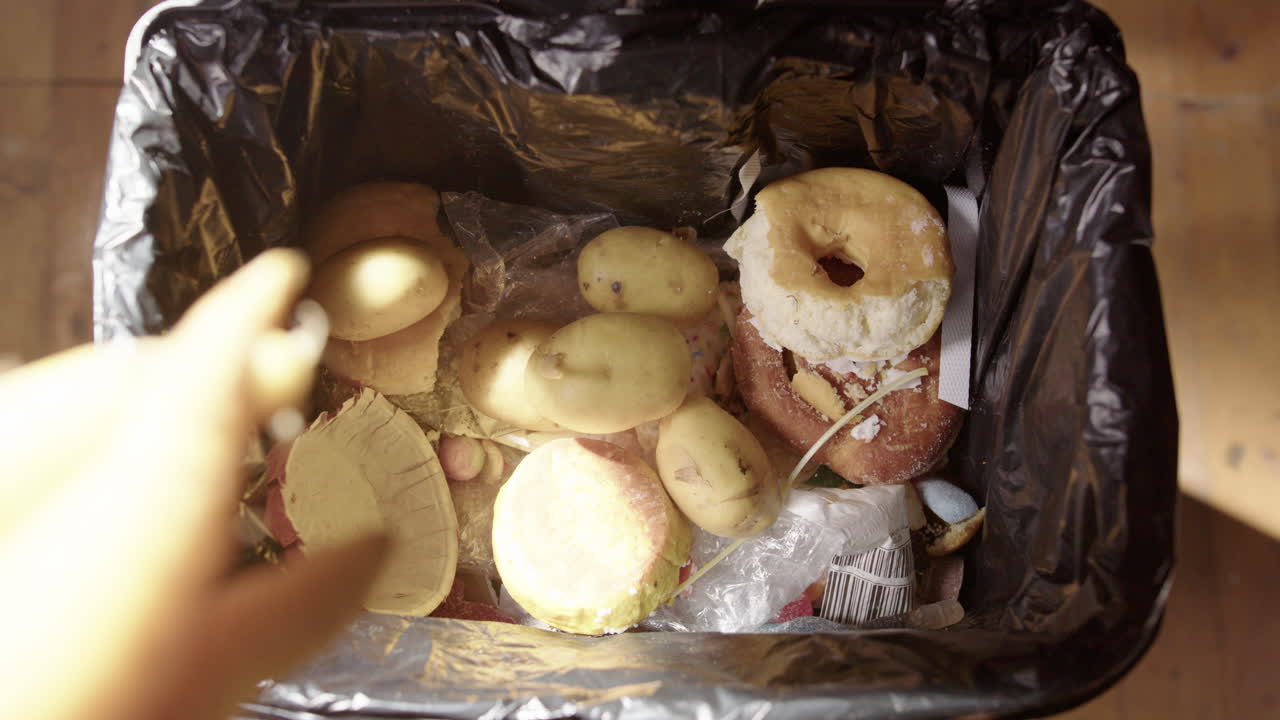 mientras las manos de pov arrojan verduras caducadas, residuos de comida en un contenedor de basura negro.