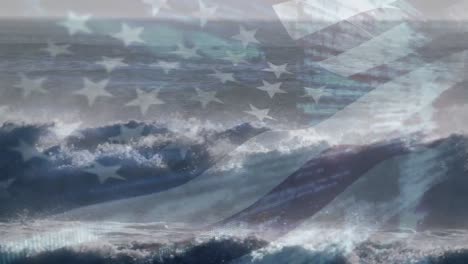 animación de la bandera de los estados unidos ondeando sobre el paisaje marino de la playa