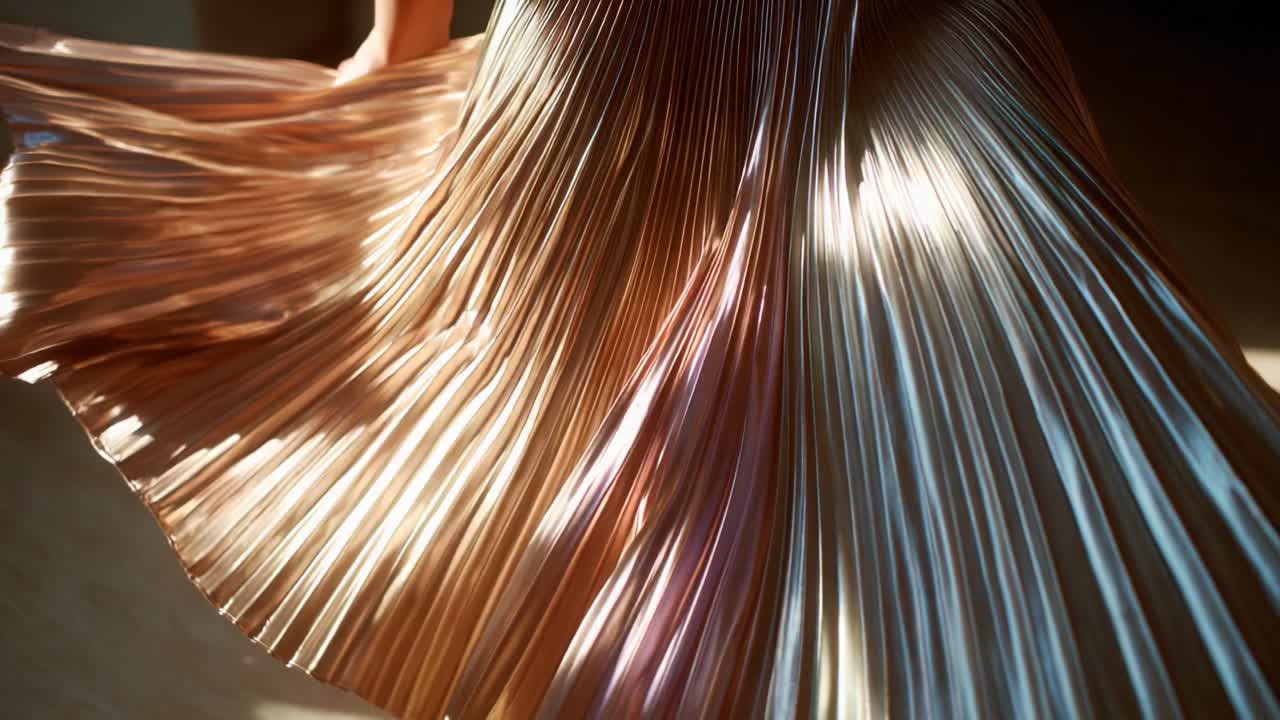Captivating elegance unfolds as the light dances playfully across the exquisite pleats of a stunning garment, showcasing the graceful movement and shimmering texture of its flowing fabric