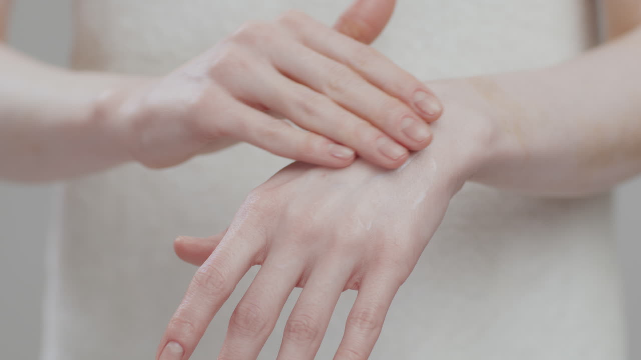 Kvinde smører lotion på sine hænder