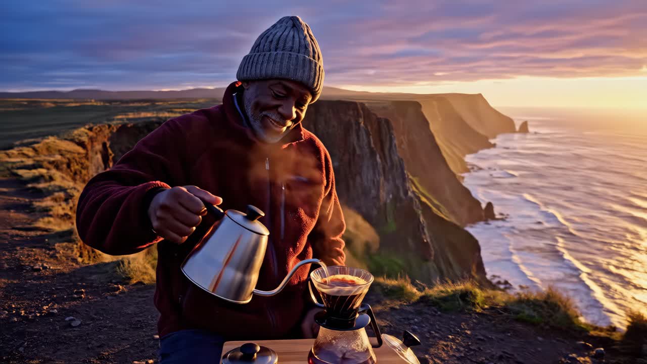 Man Brewing Coffee at Sunrise on a Cliff Overlooking the Ocean