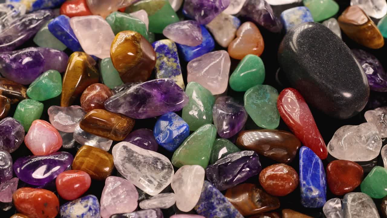 Colorful chakra stones vibrate on a black surface, showcasing their vivid hues and textures under bright lighting