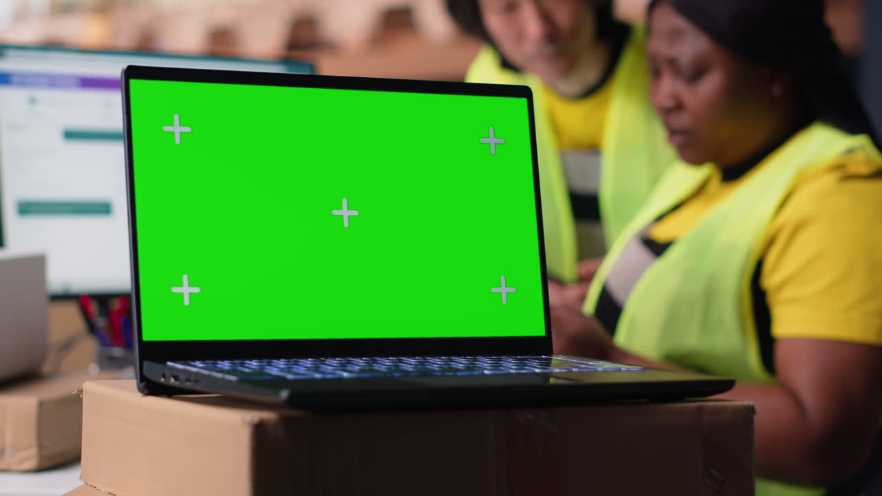 Logistics employee organizing packages near isolated mockup on computer