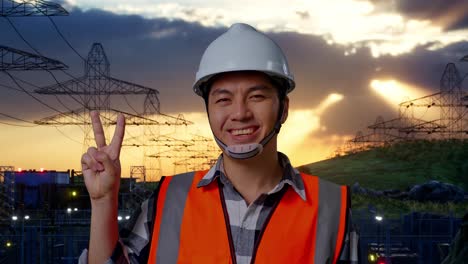 power line engineer smiling at sunset