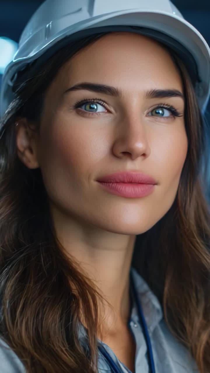 Confident Female Engineer in Hard Hat, Showcasing Professionalism and Determination in a Modern Work Environment with Unwavering Focus and Commitment to Excellence
