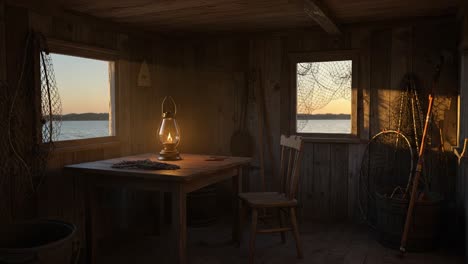 an atmosphere of tranquility in a rustic fishing hut at dusk: a glowing lantern illuminates the cozy interior overlooking serene waters