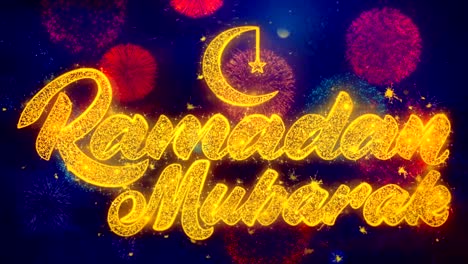 ramadan mubarak wish text on colorful firework explosion particles.