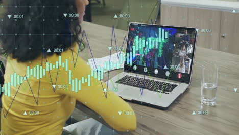 animation of financial data processing over diverse business people on laptop video call