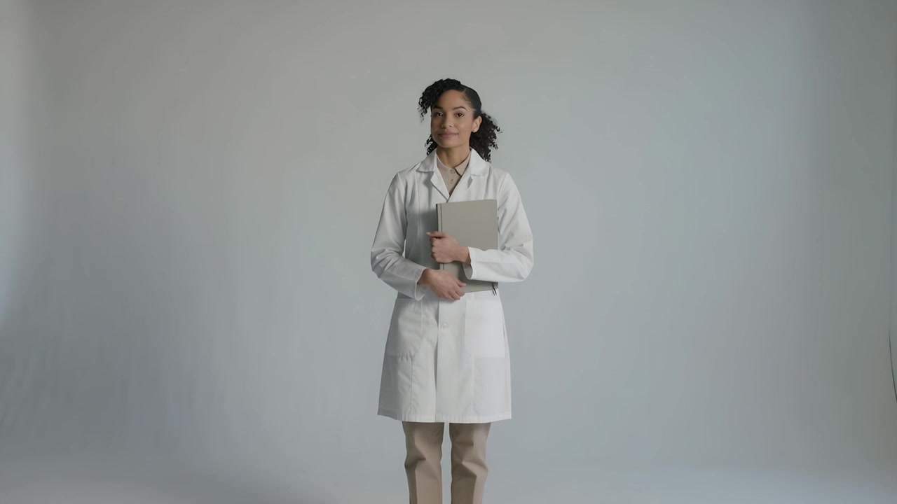 Turning woman in white lab coat holding silver laptop and responding to photographer cue