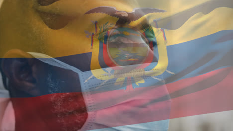 animación de la bandera de ecuador ondeando sobre un hombre afroamericano con máscara facial en la calle de la ciudad