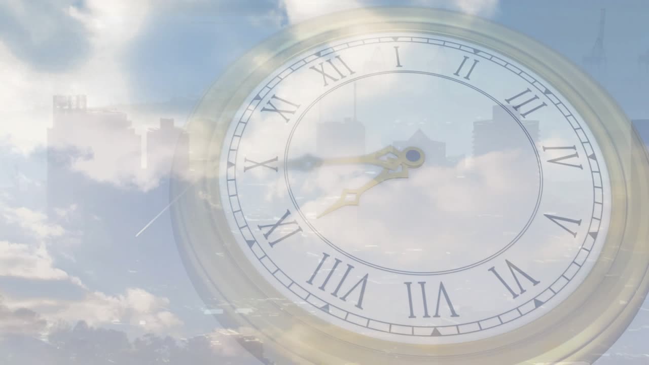 Sun shift causing pale Roman clock turning hands clockwise while clouds drifting showing time flow