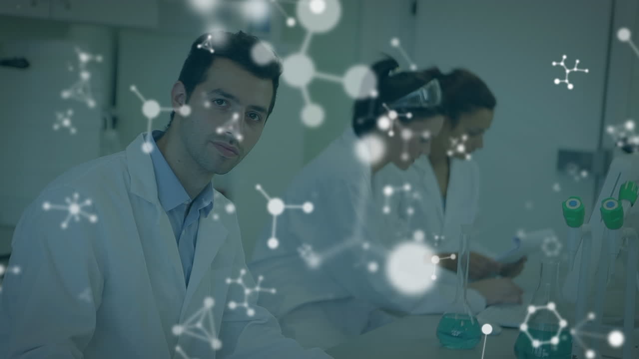 Animation of molecules over diverse scientists in lab