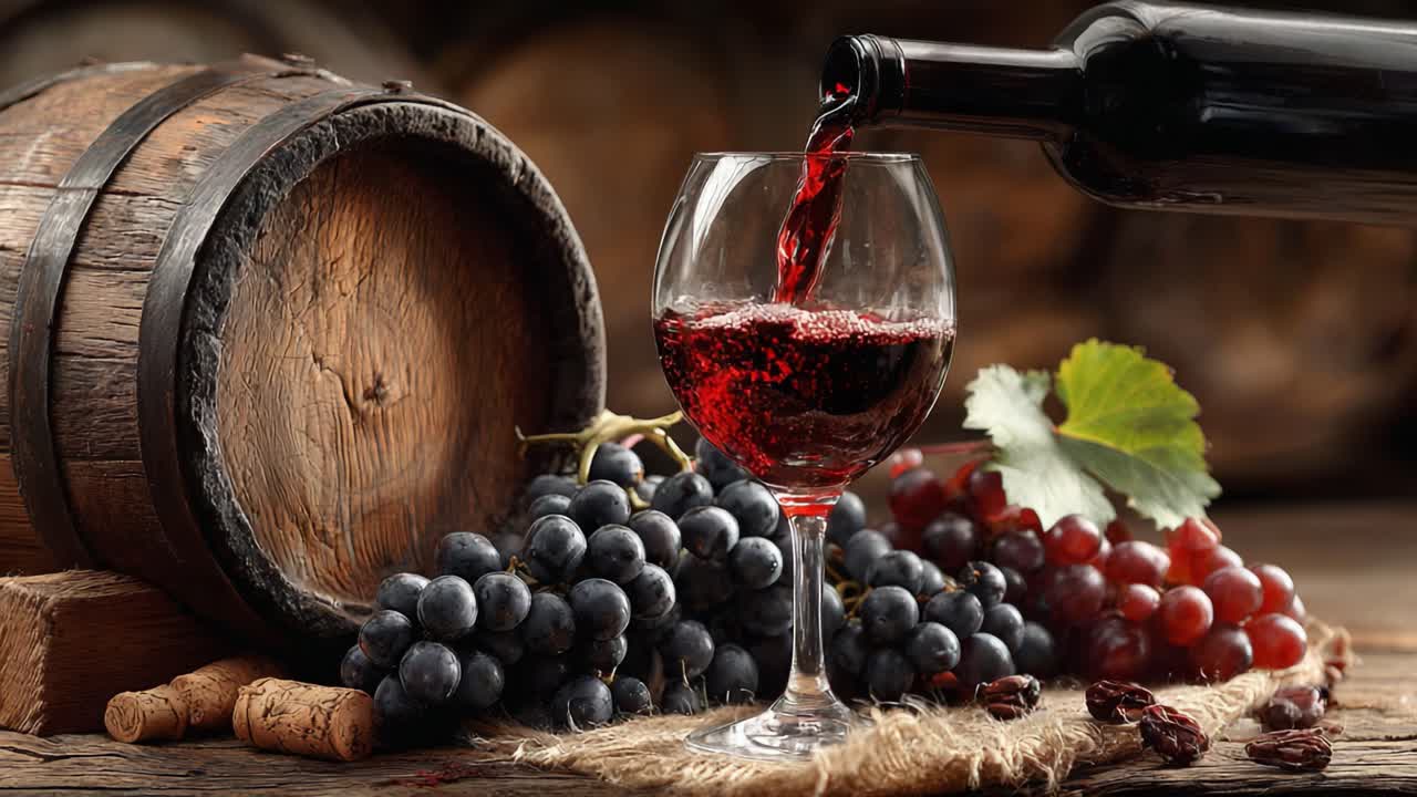 A Beautiful Still Life of Red Wine Being Poured into a Glass with Fresh Grapes and a Rustic Wooden Barrel in the Background Evoking a Sense of Warmth and Tradition