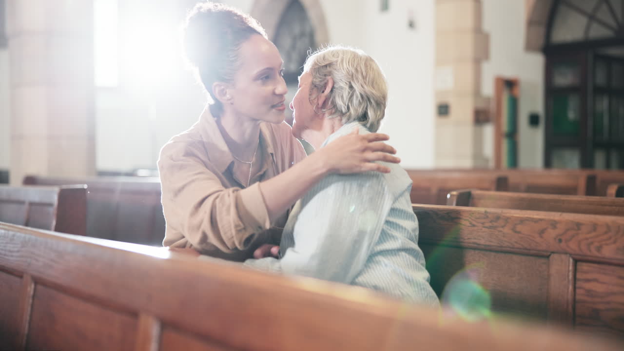 A touching moment of family and support in a church setting