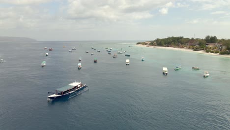 aerial flight showing anchored boats on shore during worldwide shutdown