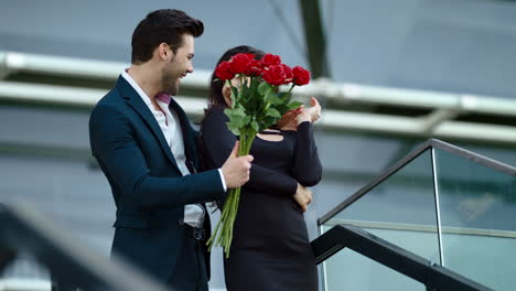 close up view of woman waiting for man in black dress outside