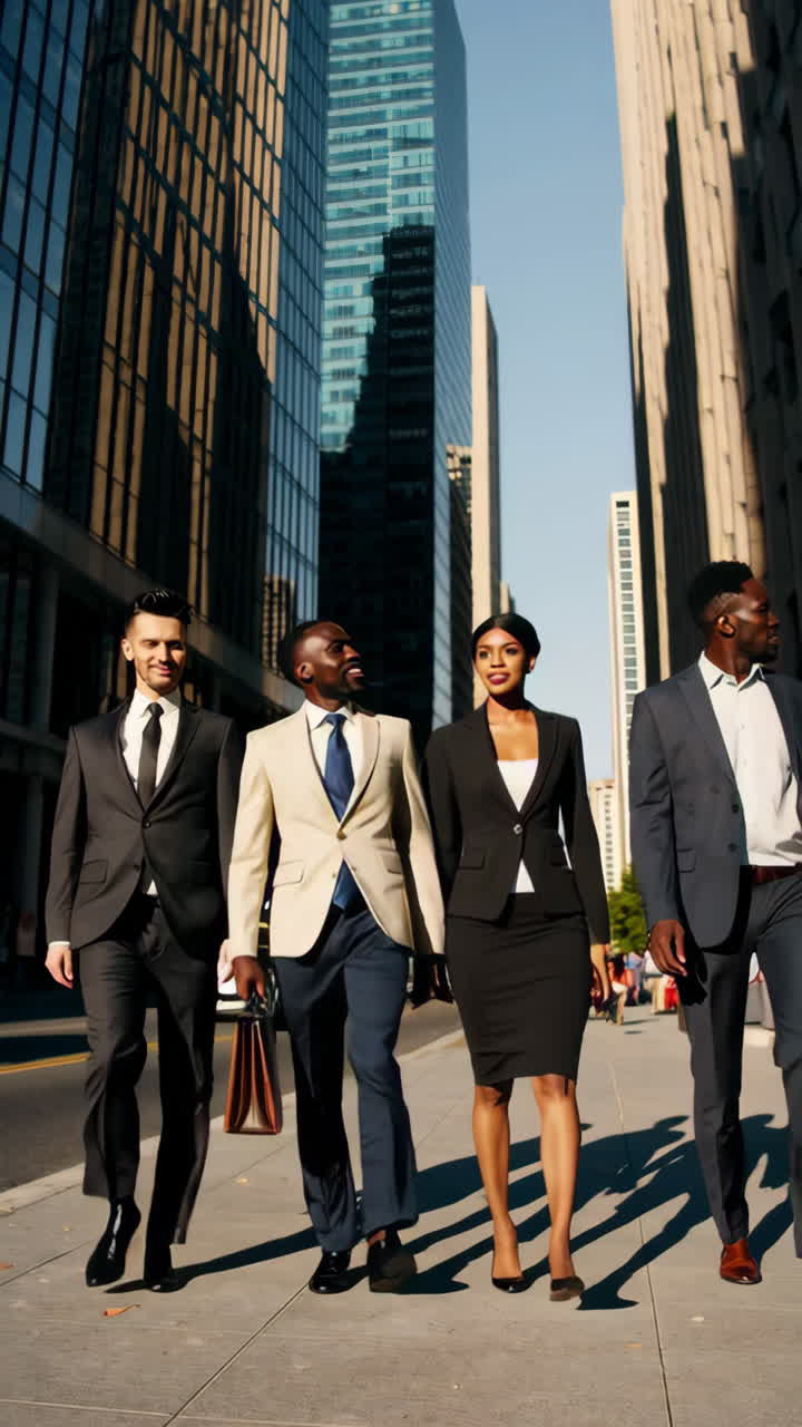 Group of Business Professionals Walking on City Sidewalk
