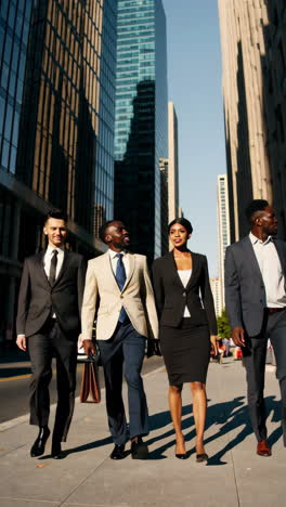 group of business professionals walking on city sidewalk