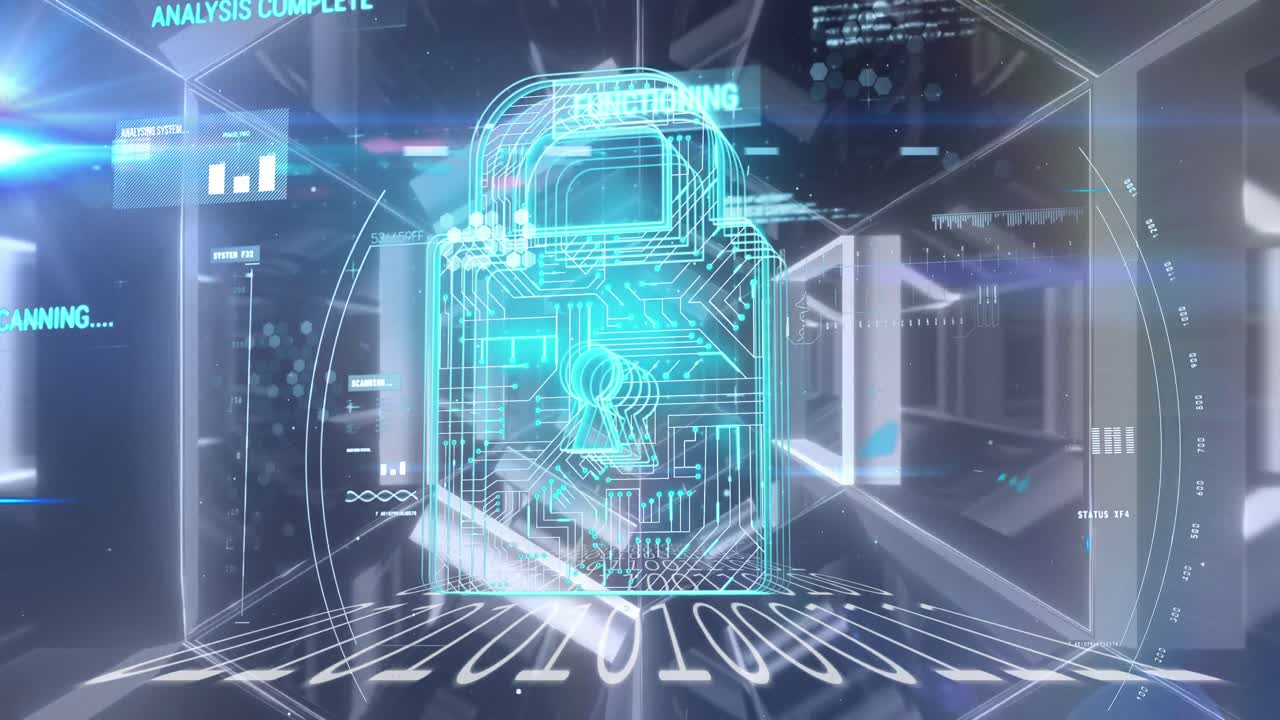 Security padlock icon and data processing against glowing tunnel