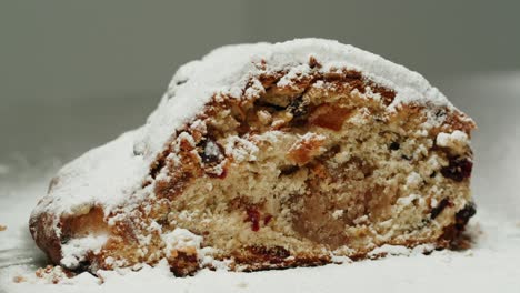 Close-up view of a slice of Christmas Stollen