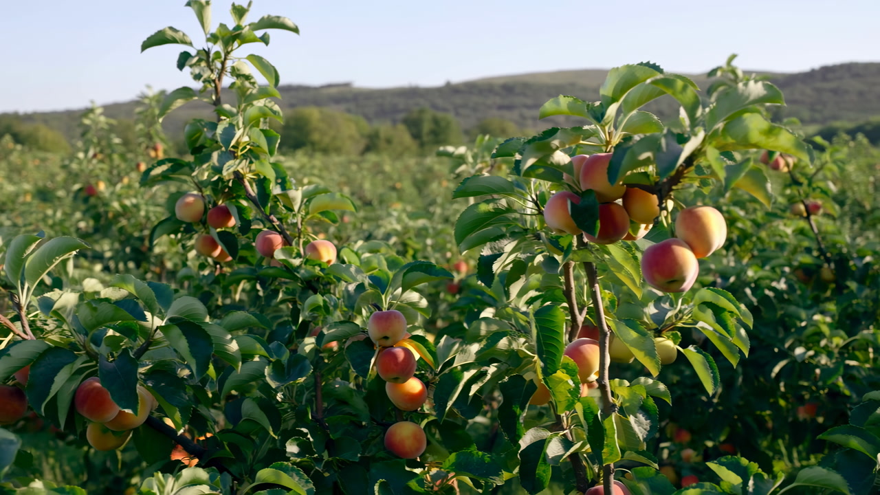Sunlit Apricot Trees Heavy With Fruit, Ripe Orange Apricots Hanging From Leafy Branches Over Rolling Valley