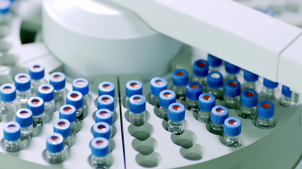 Modern robot machine for centrifuge blood, urine testing with test tubes analyzing samples. Advanced research lab with equipment. Drug or vaccine development in professional biotechnology laboratory