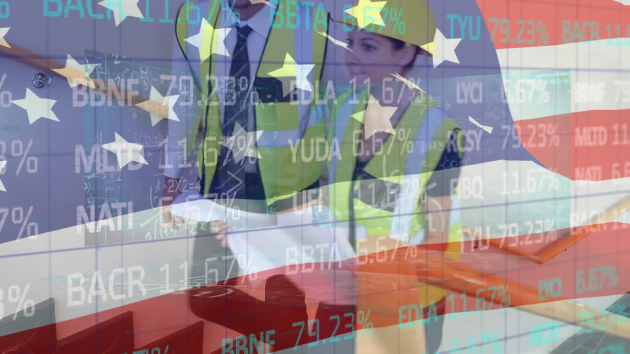 ecuaciones matemáticas sobre la bandera estadounidense sobre los trabajadores del sitio.