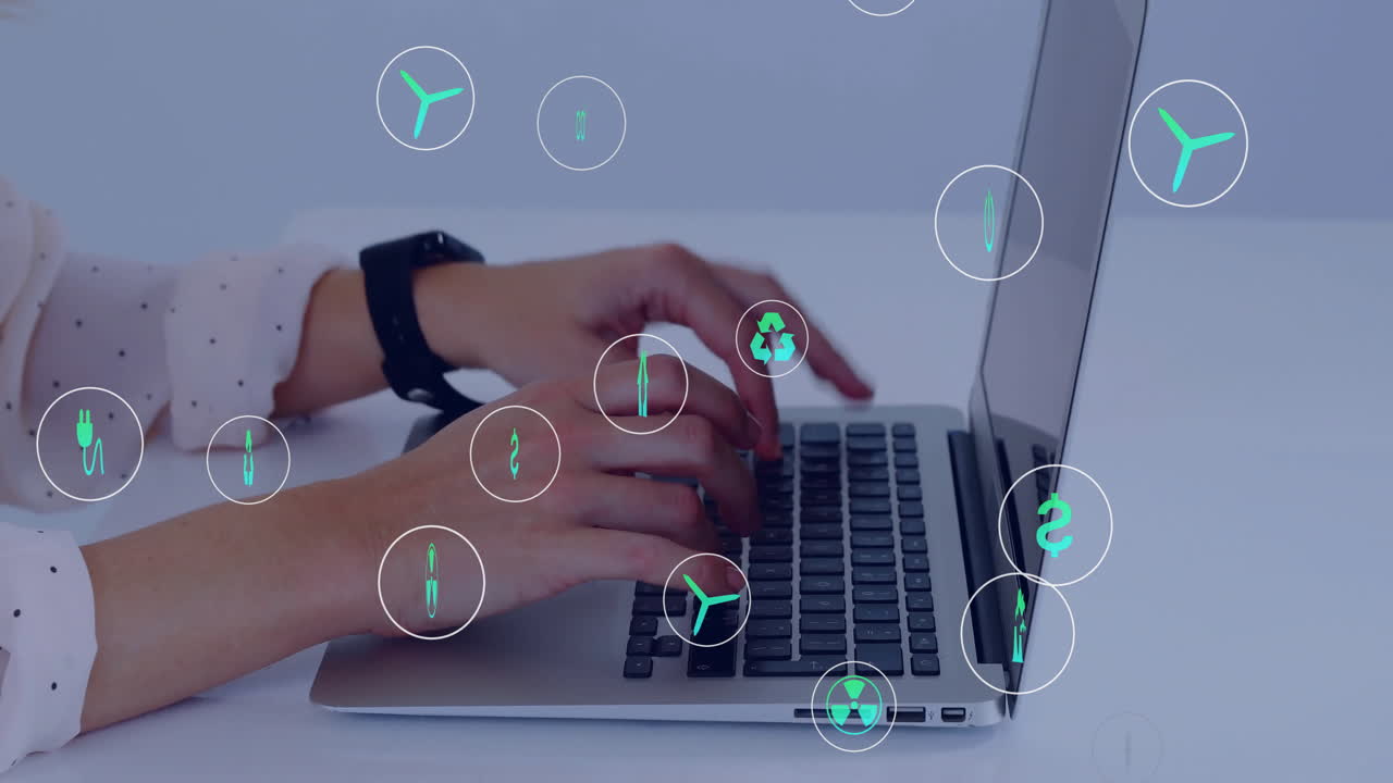 Typing on laptop, hands with green technology icons floating in animation