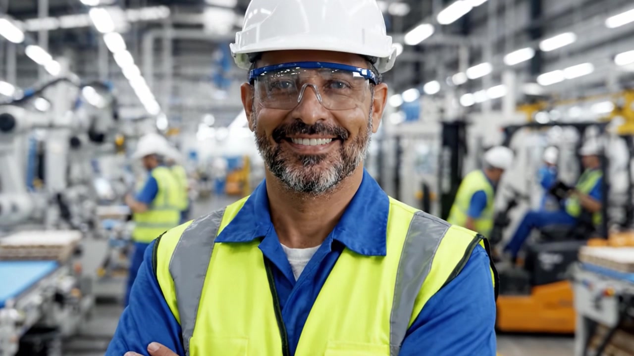 Lavoratore fiducioso in un impianto di produzione che mostra standard di sicurezza e tecnologia avanzata, evidenziando collaborazione ed esperienza in un ambiente industriale dinamico.