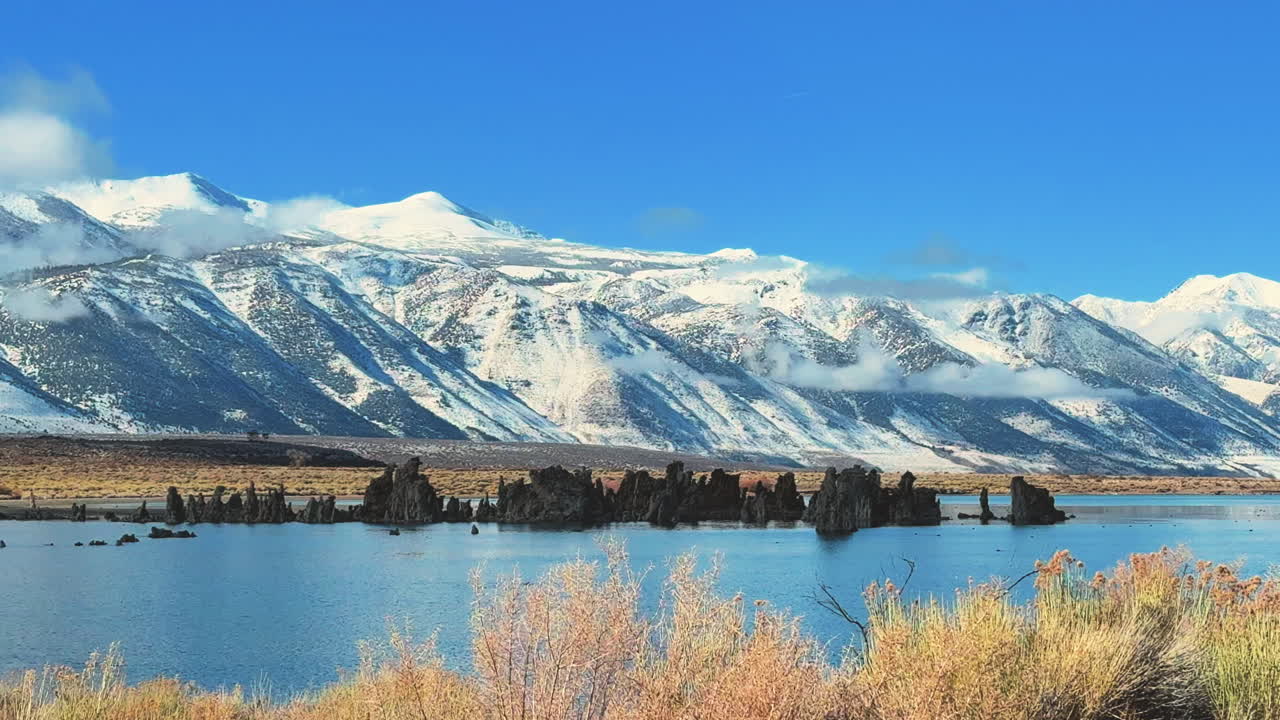 Le torri di tufo del Mono Lake si ergono dalle calme acque blu ai piedi delle cime innevate della Sierra Nevada, con arbusti dorati in primo piano in una limpida giornata invernale