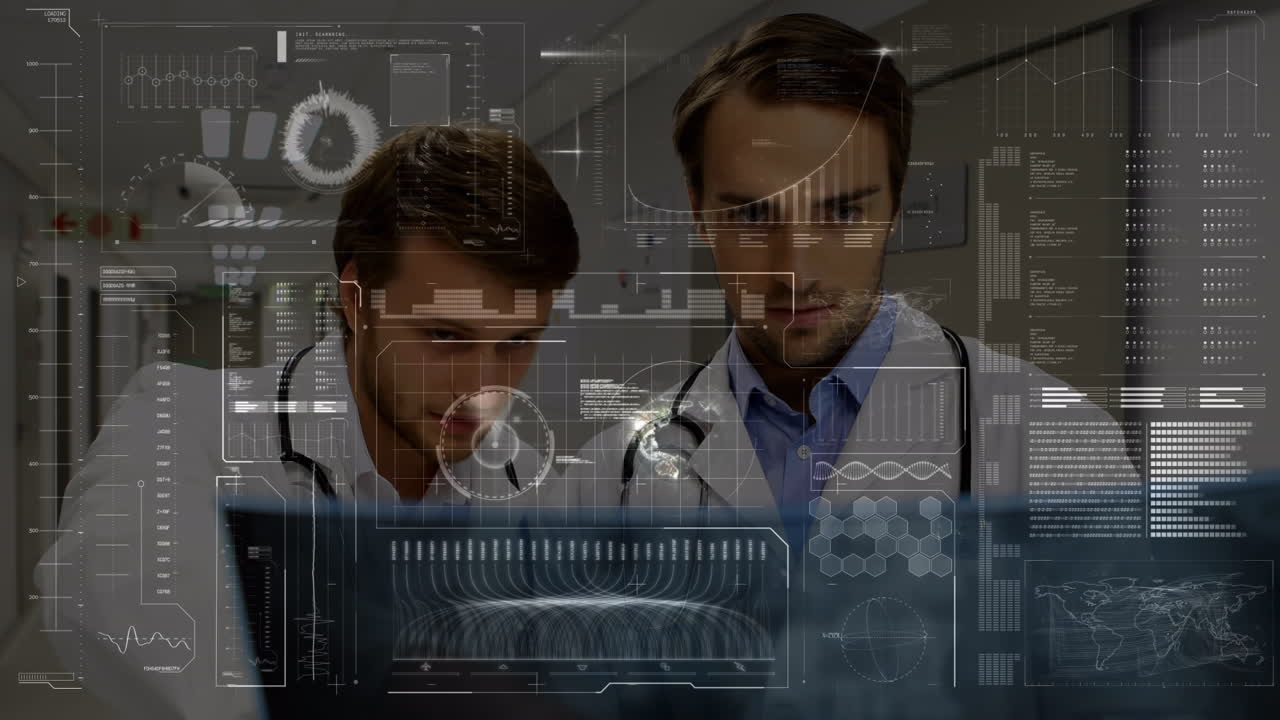 animación de círculos, gráficos, ondas sonoras y datos sobre médicos caucásicos discutiendo informes