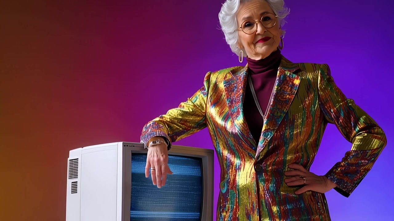 Elegante donna anziana in abito vivace in posa con monitor retrò.