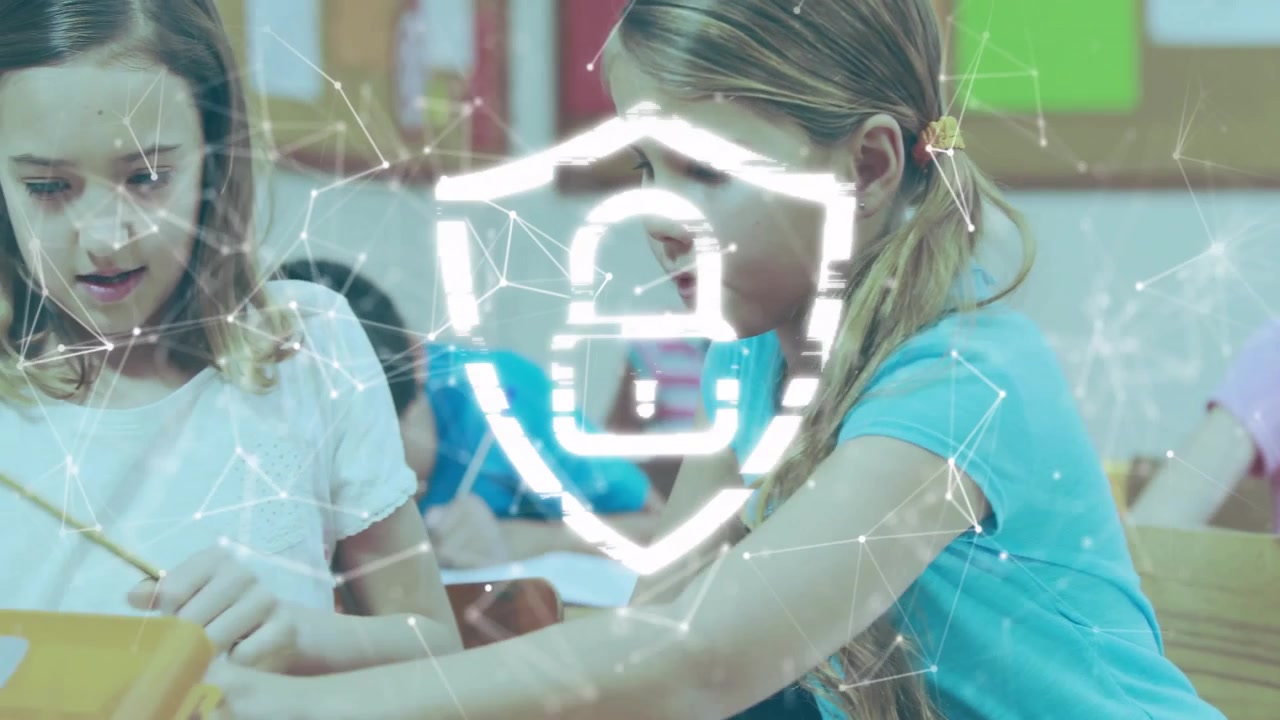 Digital overlay resolving into shield guiding classmates exchanging pencils on school assignment