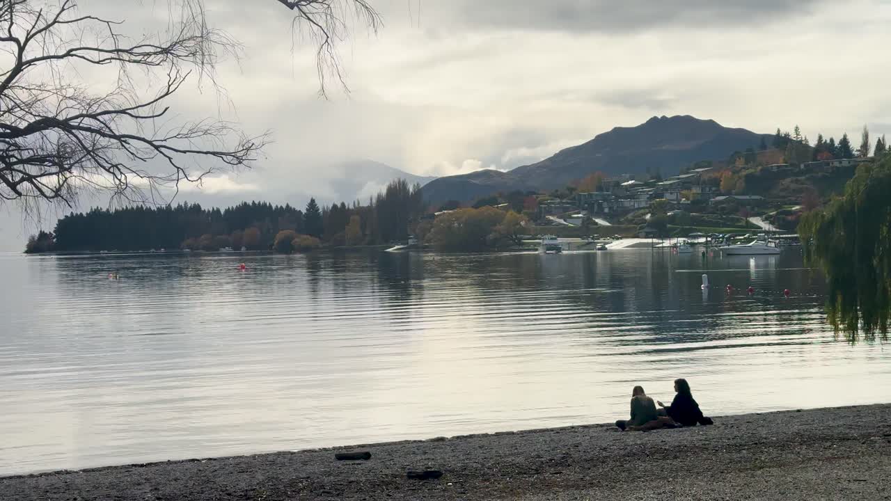 Serene lakeside scene with a tree and distant mountains under soft, diffused lighting. Captures peaceful, reflective mood