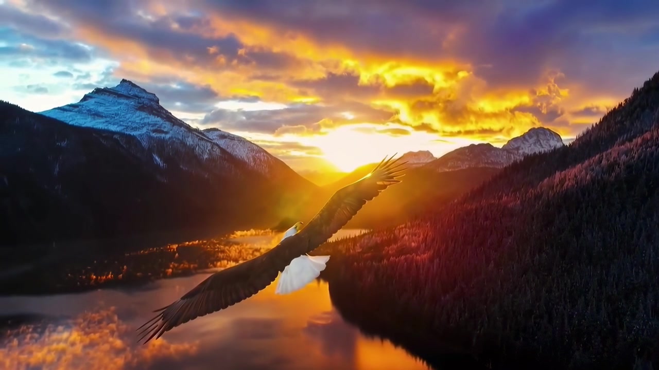 Aquila calva che si libra su un lago di montagna al tramonto
