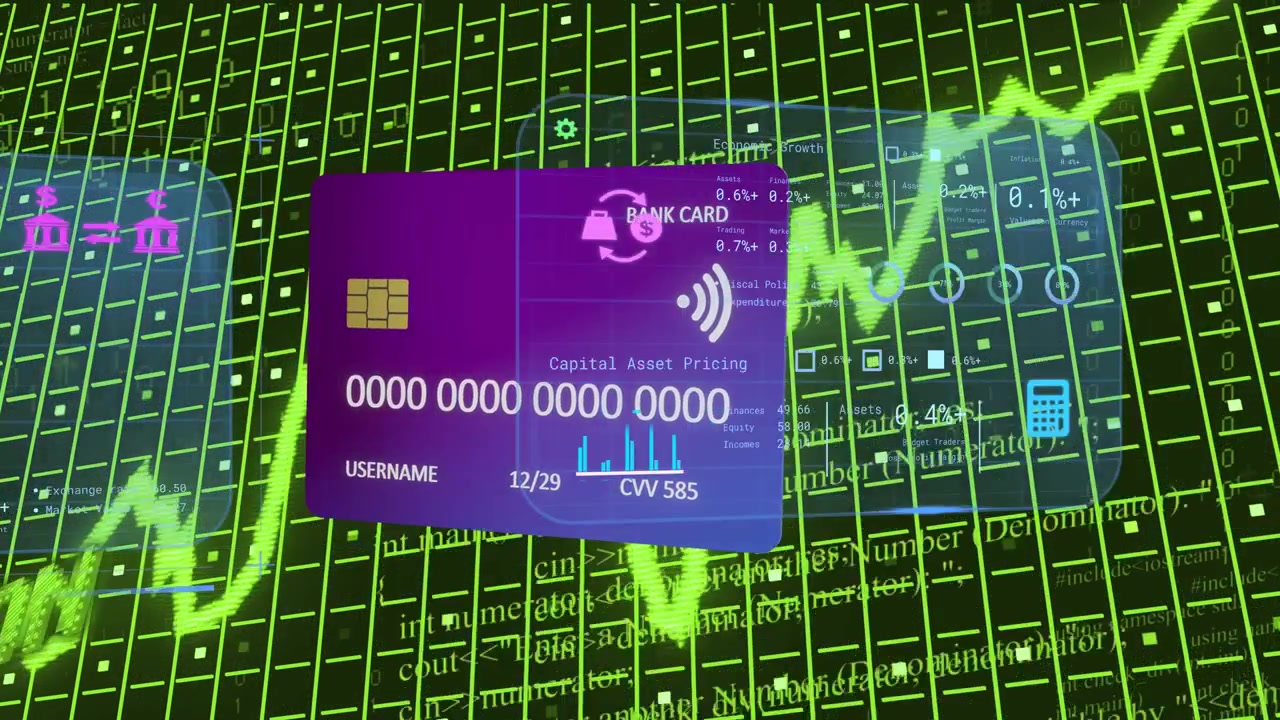 On start purple bank card rotating, flipping and shifting while HUD panels showing market waveform