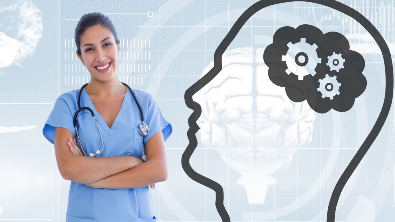 Animación de médica birracial y cabeza con icono de bombilla sobre procesamiento de datos