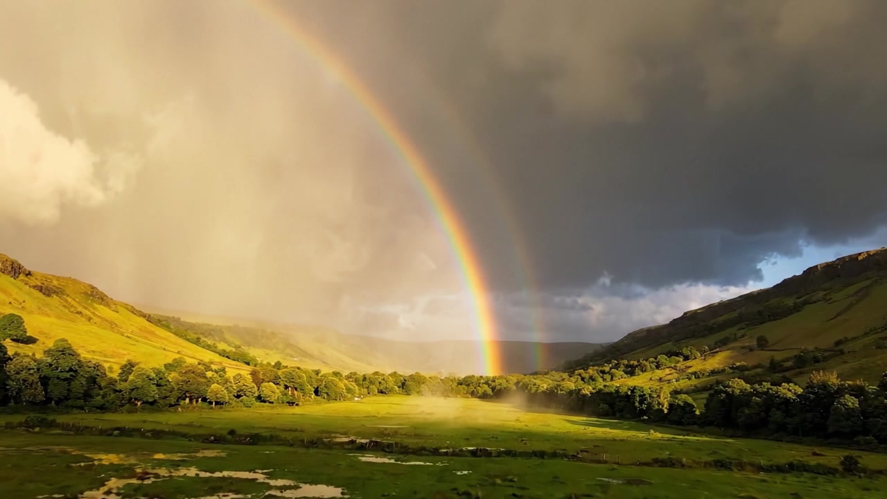 Um Arco-Íris Deslumbrante Arqueando Sobre um Vale Verde Exuberante Rodeado por Nuvens Dramáticas e Serenidade, Capturando a Beleza da Natureza em um Único Momento