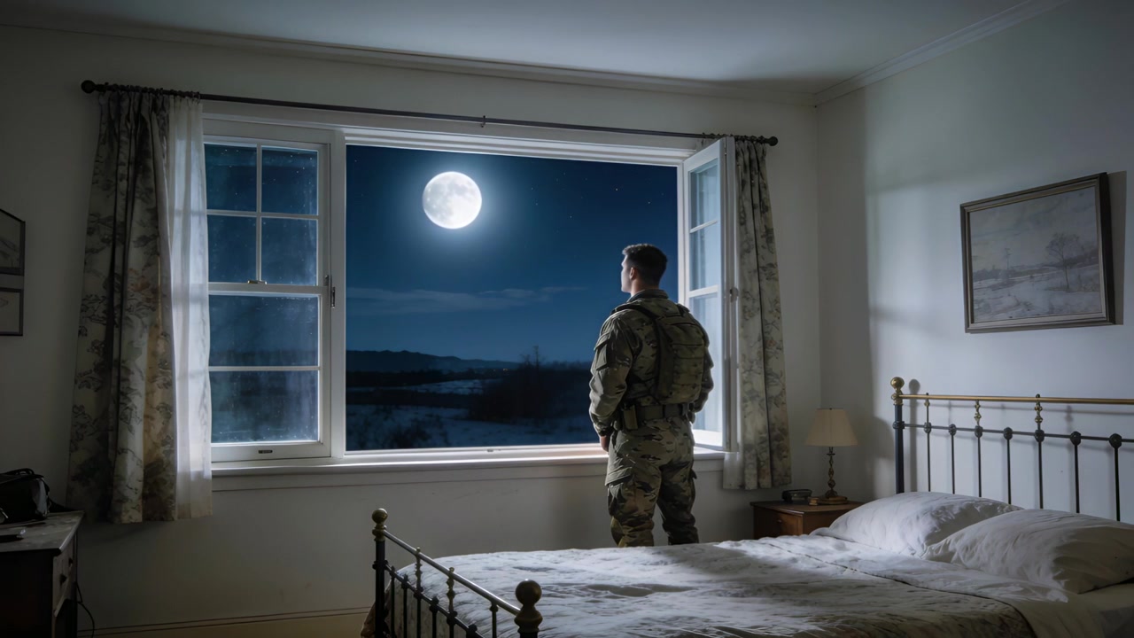 Stående soldat i camouflagedragt kigger ud af soveværelsesvinduet, mens fuldmånen fanger blikket, med plads til tekst.