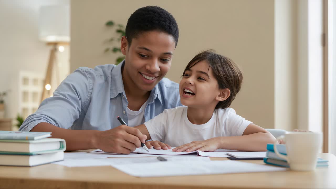 Starting adult male writing on worksheets at home table, guiding child through homework with pen