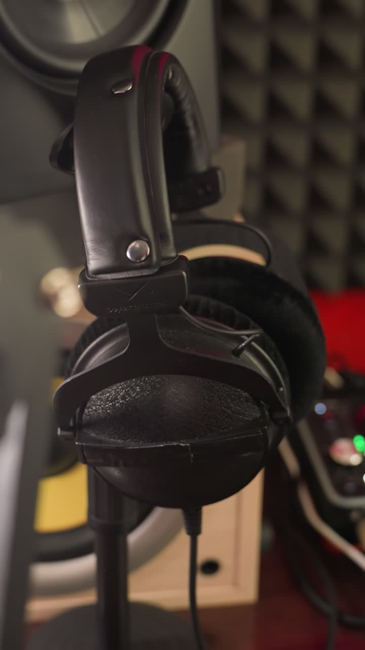 primer plano de una configuración de estudio con un altavoz, auriculares y un mezclador de sonido borroso en el fondo. enfatizando las herramientas de producción de sonido con un enfoque en el altavoz y los auriculares