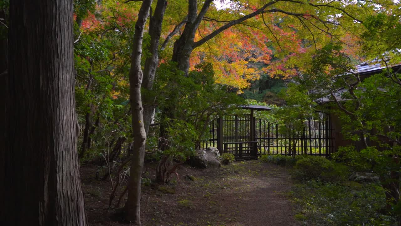 일본 사원 의 문 을 향해 천천히 밀려오는 돌리