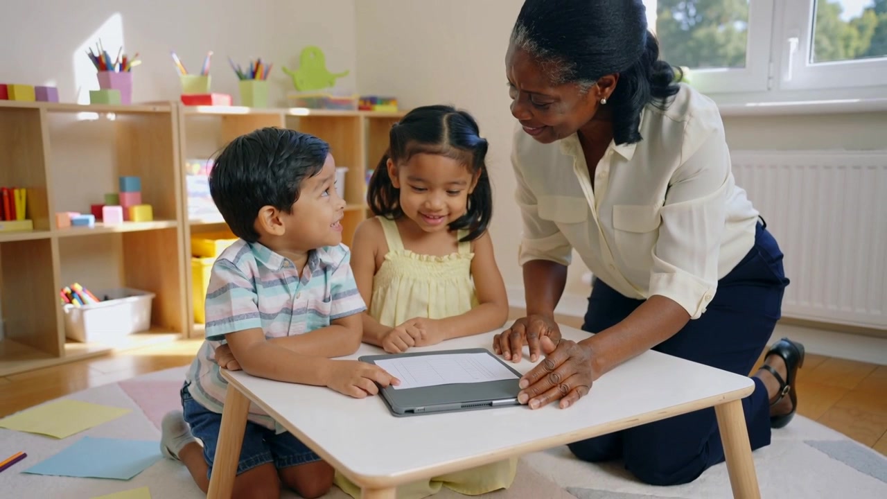 Assistente con camicia chiara che posiziona un tablet, inginocchiato a scuola, guidando due bambini nell'apprendimento