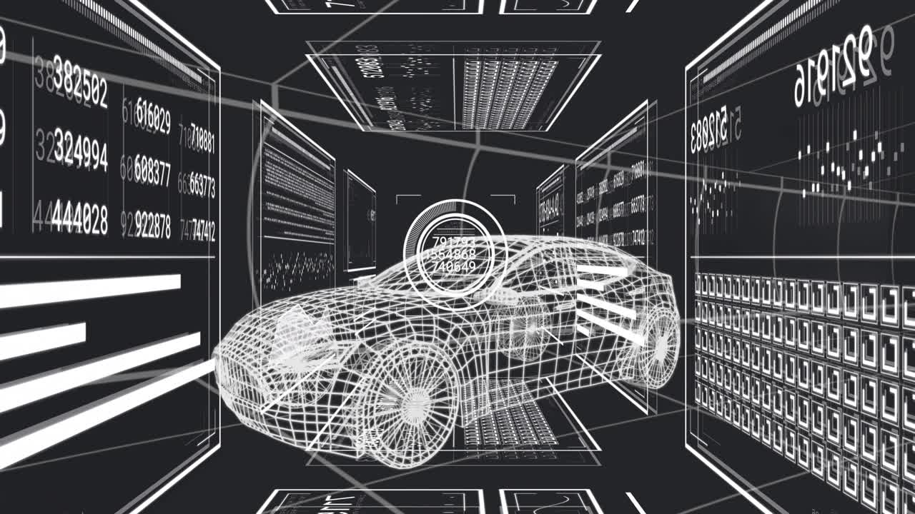 Numeric panels forming on wireframe walls causing HUD pulsing over car visualizing data then fading