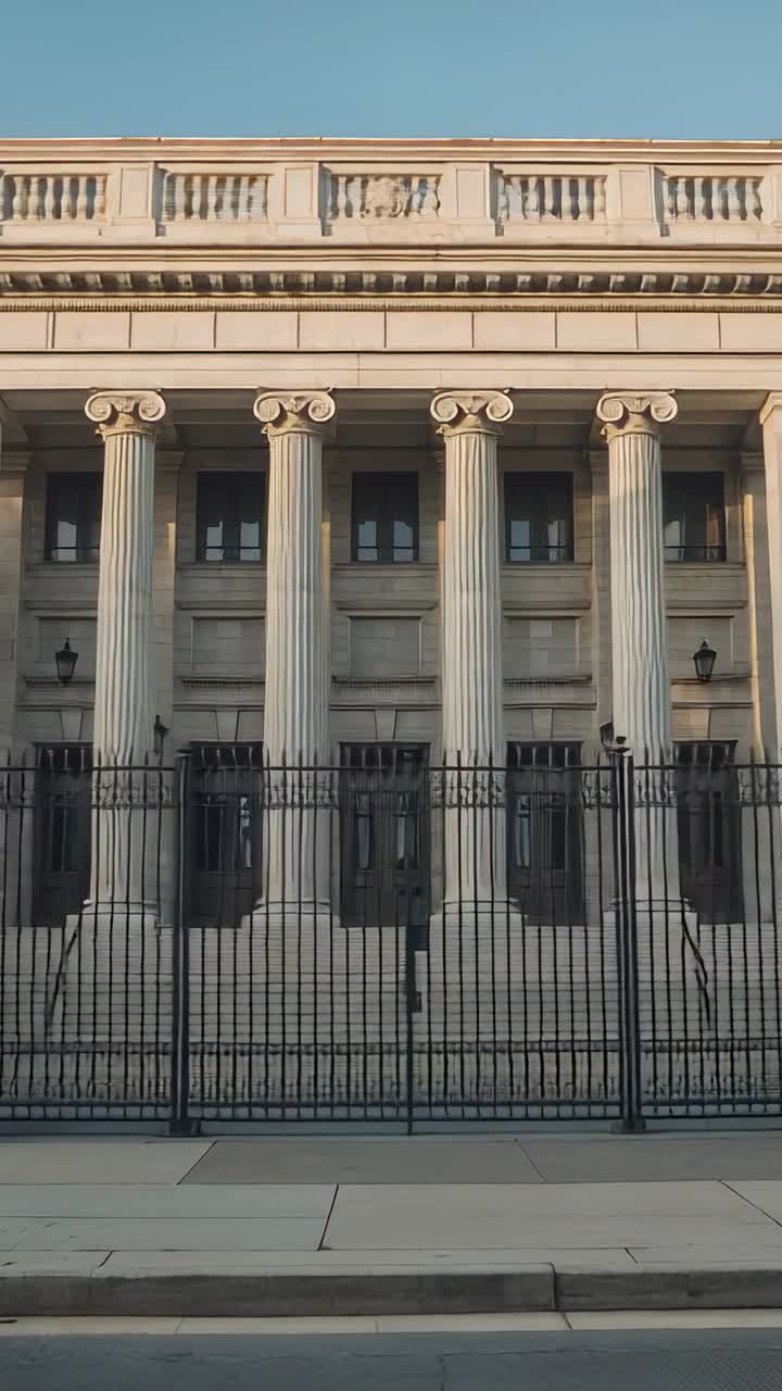 Video verticale: La telecamera si inclina e inquadra una facciata sulla strada, rivelando colonne ioniche, recinzione.