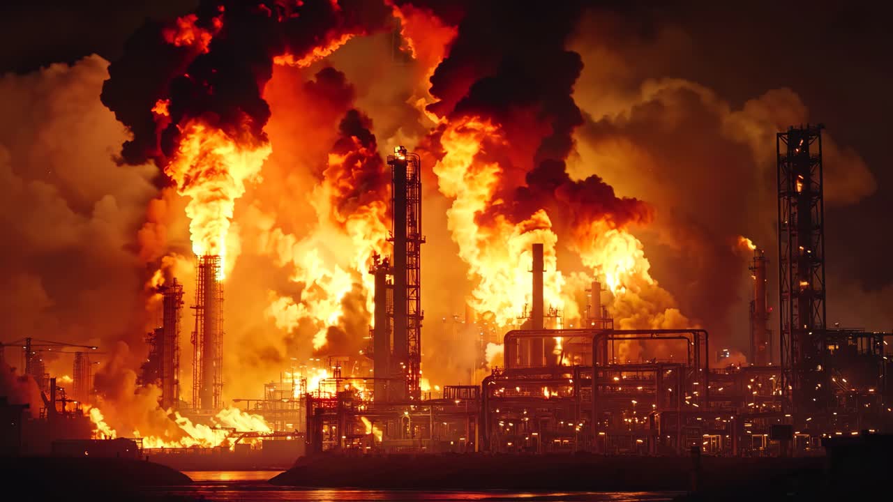큰 석유 정제소에서 불꽃이 많이 아오르고 있습니다.