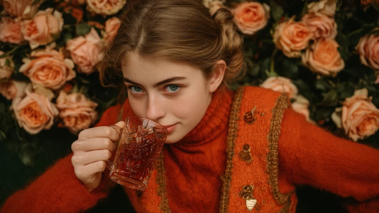 Una giovane donna che si gusta una tazza di tè, in posa elegante su uno sfondo di rose in fiore, che mette in mostra la sua bellezza naturale e il suo fascino in un abbigliamento caldo e accogliente