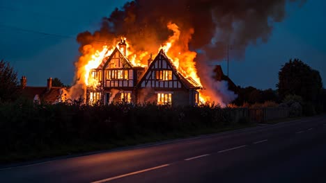 a house on fire on the side of the road