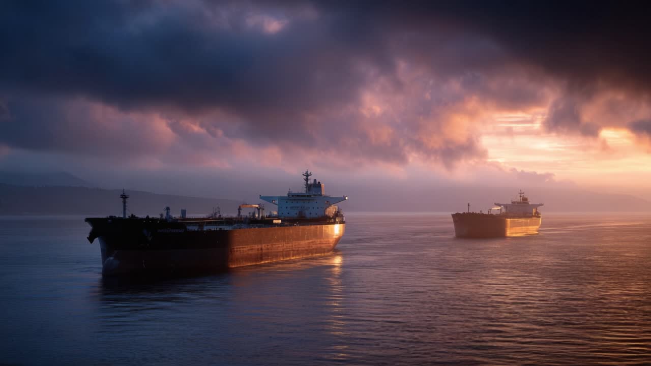 Three massive cargo ships glide across calm waters under dramatic sunset skies. Dark clouds swirl with warm orange and pink hues, reflecting softly on the ocean's surface. Vessels move steadily