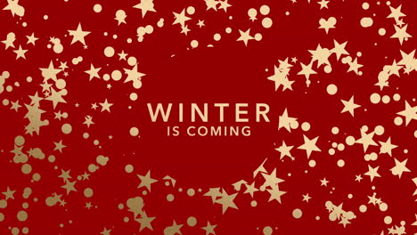 winter is coming with flying gold stars and snowflakes on red gradient